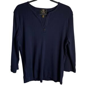 Ralph Lauren Jeans Co Top Ribbed Knit V-Neck Navy Cotton 3/4 Sleeve Sz XL Casual